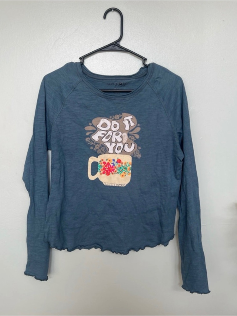 NATURAL LIFE Blue Graphic Tee with Pastel Floral Accent